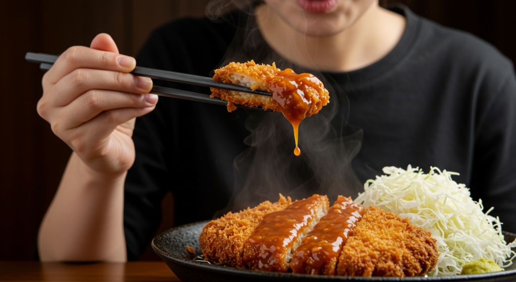 お箸で掴んだ味噌カツをふーふーして冷ます日本人女性